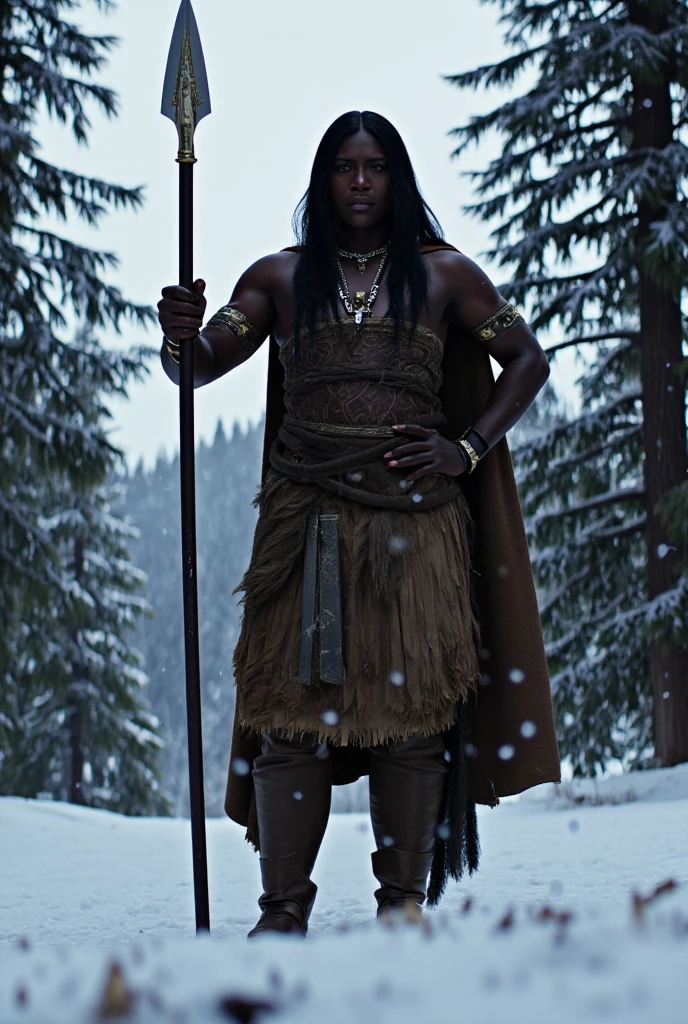 a beautiful black native indian woman dressed in native indian cultural clothes,  holding a spear in a fighting position, in a snow capped forest with snow falling. , very high detailed and clear image, providing a cinematic look like shot from a 70mm lens panavision camera, 32k high definition and high resolution images, unreal engine 5 rendered. Hyper-realistic images with high detailed features providing a viewer with a clear high definition well created masterpiece.