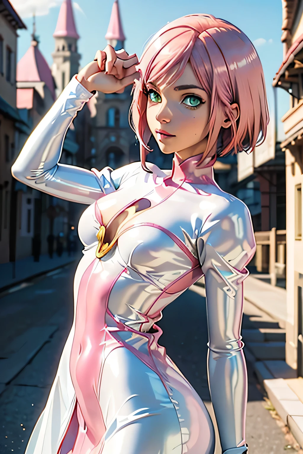  Perfect Anatomy　 top quality , Highest Resolution ,(((white shiny latex dress　 green eyes　 pink hair　small breasts)))　Estellise　[blurry]　16k　Castle