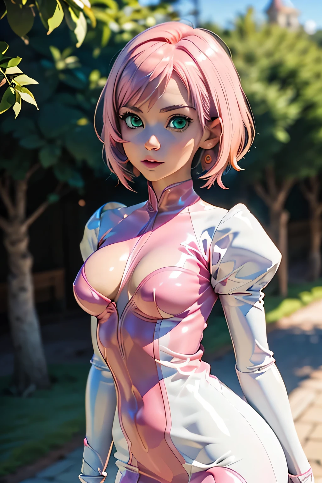 1girl, solo, full body,wearing armor,warrior armor, ancient armor, (((Pink armor boots))), masterpiece, (high detail:1 1), Rough face, Natural skin, high quality, NSFW, Sakura Haruno，Pink hair, short detailed hair，(headband), (forehead mark), Green eyes，（Big breasts:1.2 ），( smile:1.2），Face blush，（cleavage:1.4），Sexy figure, perfect bodies, beautiful eyes, (Detailed face and eyes), (face: 1 2), voices, Extra, real photo, ... ... ........... PSD, sharp focus, contrast lighting, Delicate skin, High definition 8K, incredible details, realistic, professional photo shooting, 8K UHD, SLR camera, soft lighting , high high quality, film grain, Fujifilm XT3, magic, particle FX, sideview, leggings, in the forest, dark forest, horror forest, cherry blossom petals, looking at viewer, ((nipples)), (((Show cameltoe))), (((Legs spread))), (((Legs opened))), (((Sitting on the bench))), (((foucs))), (((Sweaty body))), wet, (((Very wet))), (((close-up))), close up, (((from below)))