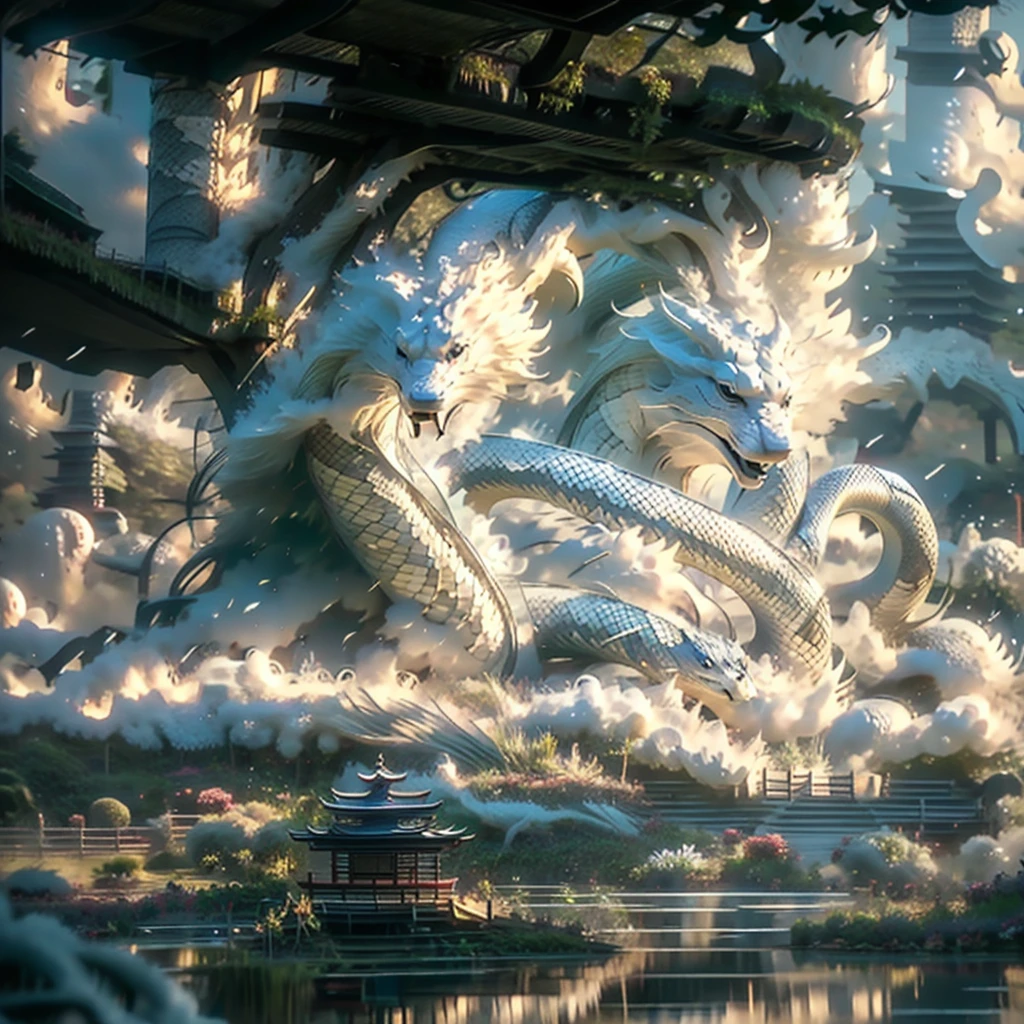 BJ_Sacred_beast, black dragon, outdoors, sky, day, cloud, water, blue_sky, no_humans, cloudy_sky, building, scenery, reflection, monster, bridge, fog, cinematic lighting,strong contrast,high level of detail,Best quality,masterpiece,White background,