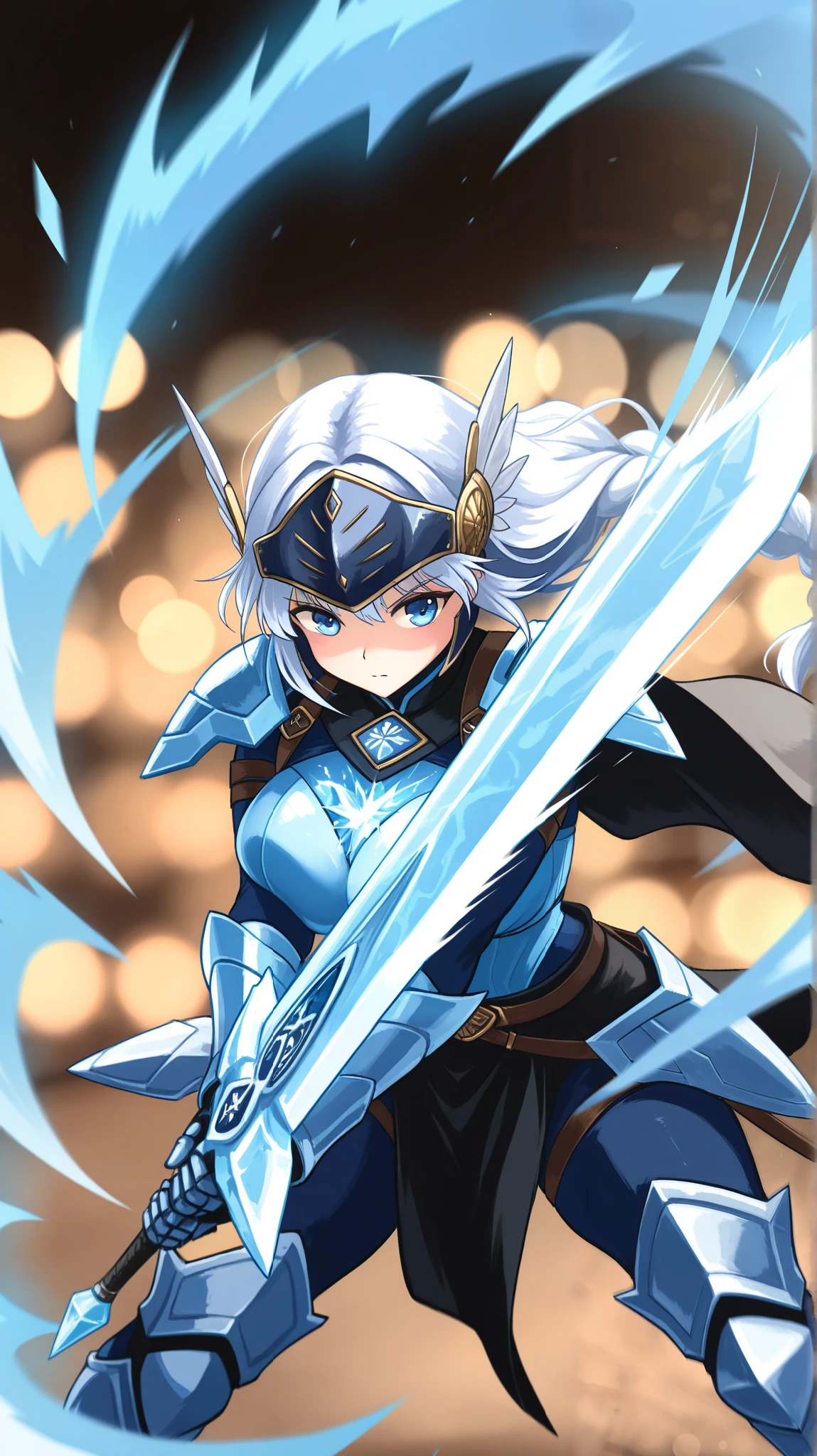 Uma garota com muito tempo, longos cabelos azul-brancos, holding a sword with fire magic and holding the water element in the other hand