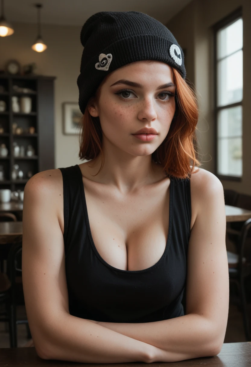 Photorealistic, Filipin girl, high resolution, life-like details, Freckles, moles, brastrap exposed, -teen little small  ad, lovely kissable pouting lips, medium perky breasts low-cut neckline showing décolletage and cleavage tanktop in the cafe alfresco having snacks while studying outside , (fluffy beanie) red scarf,