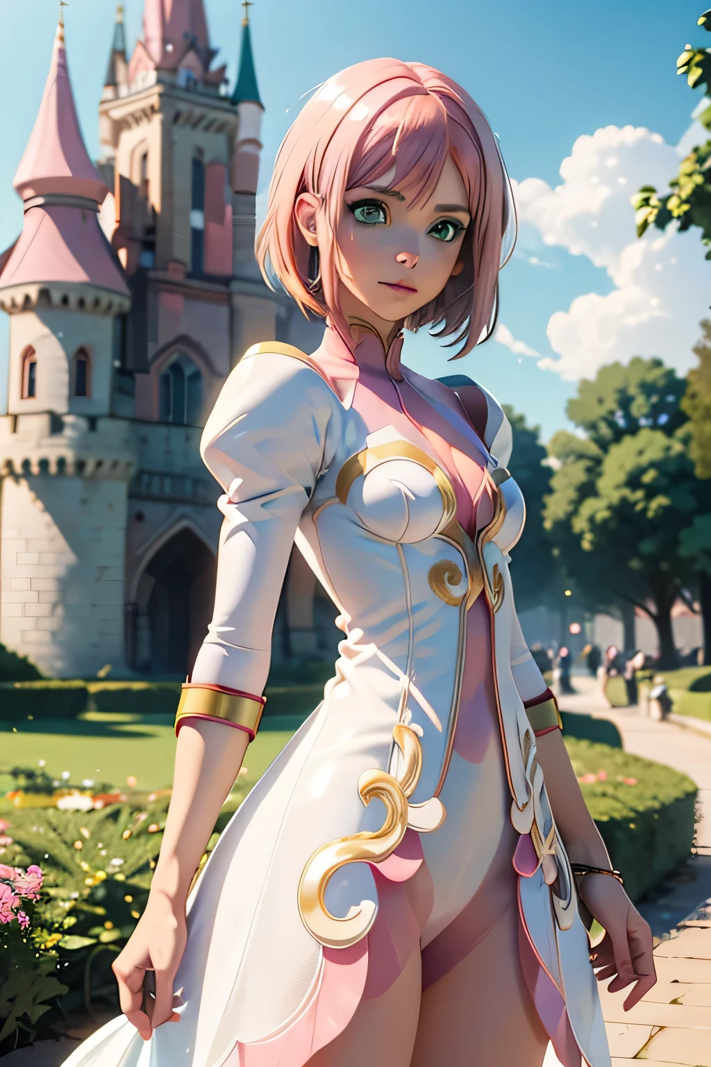  Perfect Anatomy　 top quality , Highest Resolution ,(((White shiny dress　 green eyes　 pink hair　small breasts)))　Estellise　[blurry]　16k　Castle