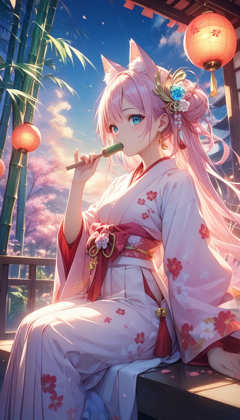 (super masterpiece、 top quality 、 high res、Ultra HD、Advanced Details、16k) 3D Animation,(New Year's style 、First sunrise of the year。A brightly colored kimono with a pattern of pine, bamboo, and plum, and hakama、(A cute woman 、 is sitting on a chair in front of a dango shop eating dango)、 straight angle、Not exposed 、( Delicate details )、 hair color pink 、( Ideal Anatomy )。 There is a white cat with a stylish collar beside it 。 Zoom Up , Dramatic Lighting ,