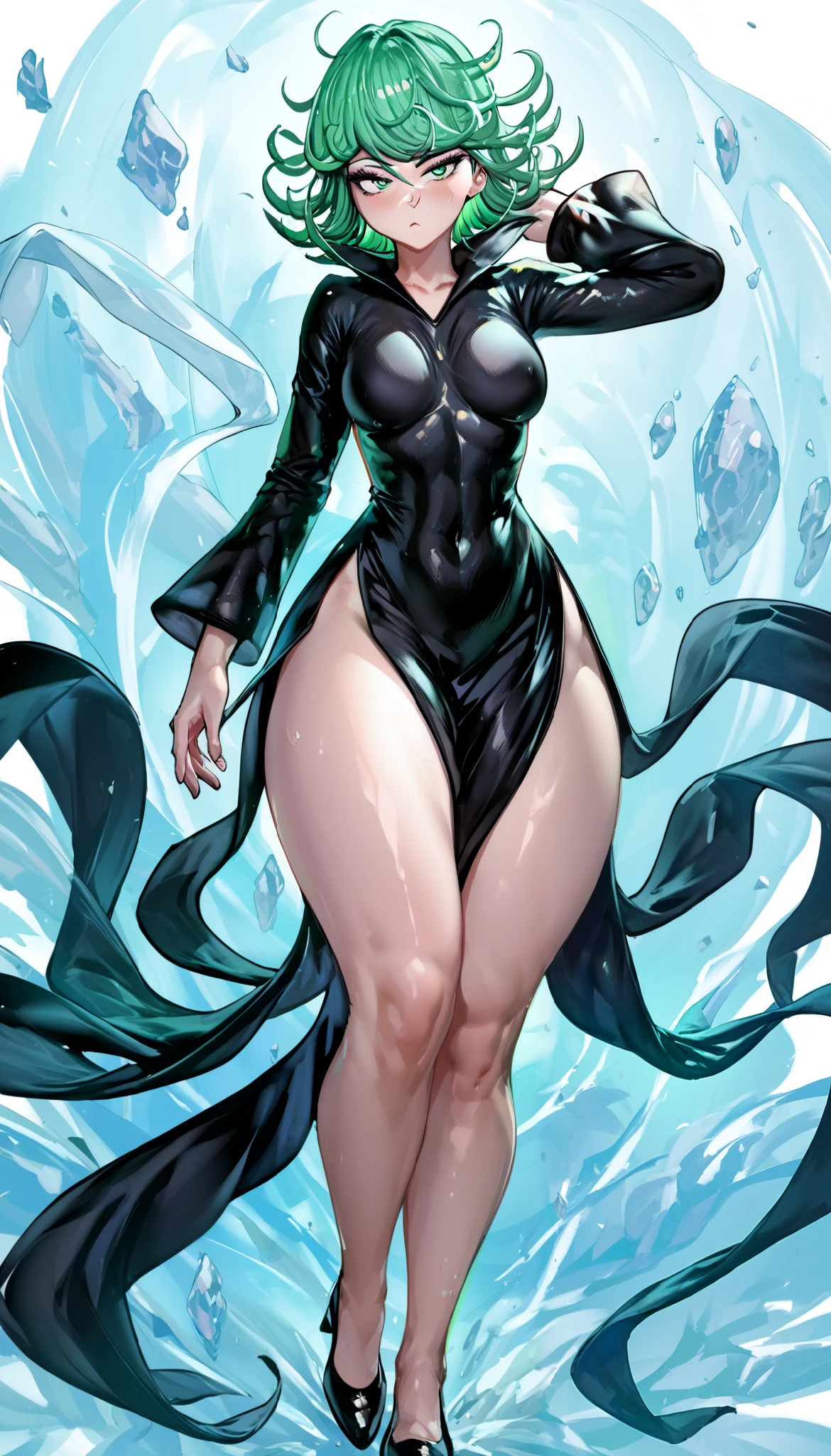, tatsumaki, green hair, green eyes, short hair, black dress, nephros heels, black dress, big tits, huge tits, big boobs, big breasts, ,, big tits, big thighs