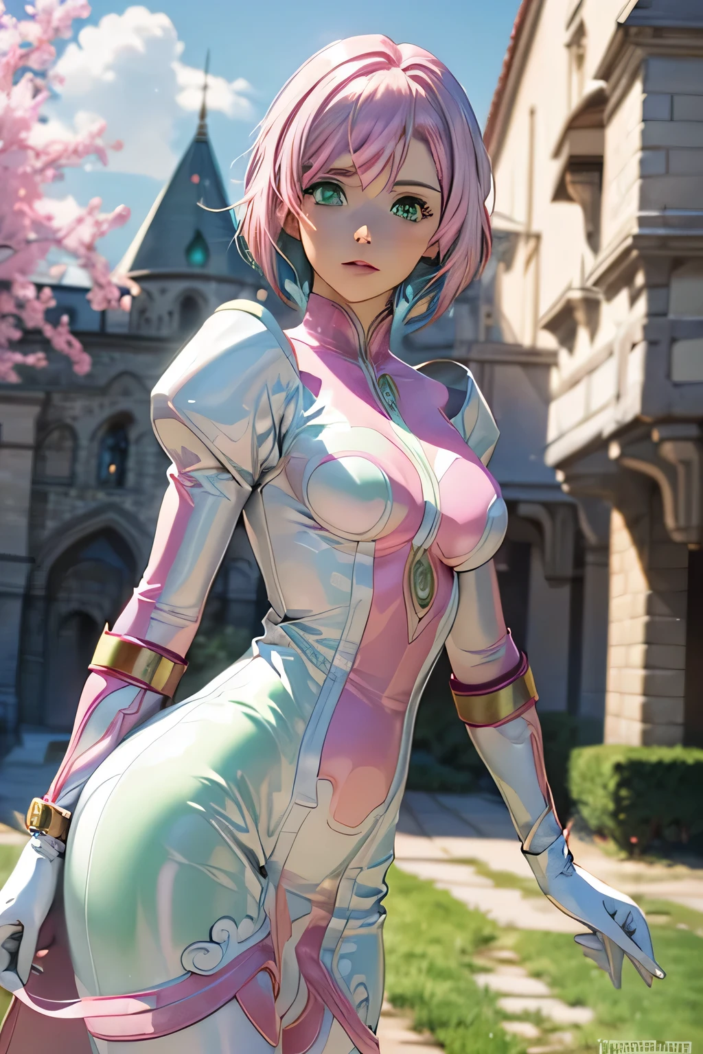  Perfect Anatomy　 top quality , Highest Resolution ,(((white shiny latex dress　 green eyes　 pink hair　small breasts)))　Estellise　[blurry]　16k　Castle