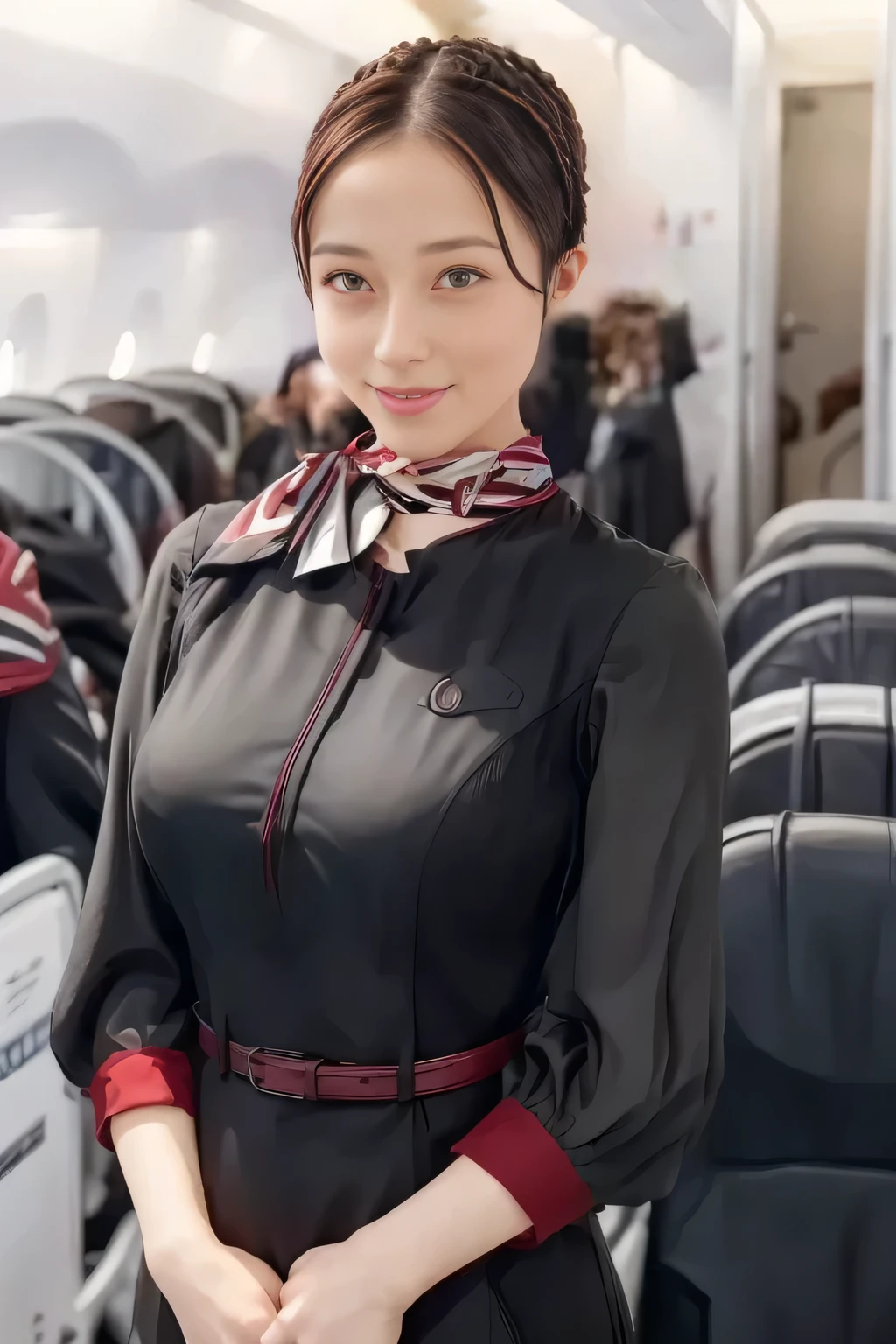 (masterpiece:1.2,  top quality :1.2), 32kHDR,  High Definition , (Alone、  1 girl)、（ on board）、In-flight background、（  wearing a JAL flightattendant uniform  ）、（（ short sleeve jumper skirt in a JAL flightattendant uniform {x} JAL flightattendant uniform 、Red belt wrapped around the waist  、 Scarf around the neck ））、  dark brown hair  、（  Super Long Hair Wrap Hair、Braid Wrap Up Hair ）、 、 long hit 、Big Breasts、Thin legs、（（ amazing hands：2.0）），（（ harmonious body proportions ：1.5）），（（Normal limbs：2.0）），（（Usually ：2.0）），（（ Delicate eyes：2.0）），（（Normal eyes：2.0））)、（ beautiful standing figure wearing a JAL flightattendant uniform  ）、Hands folded under the body 、 being crucified
