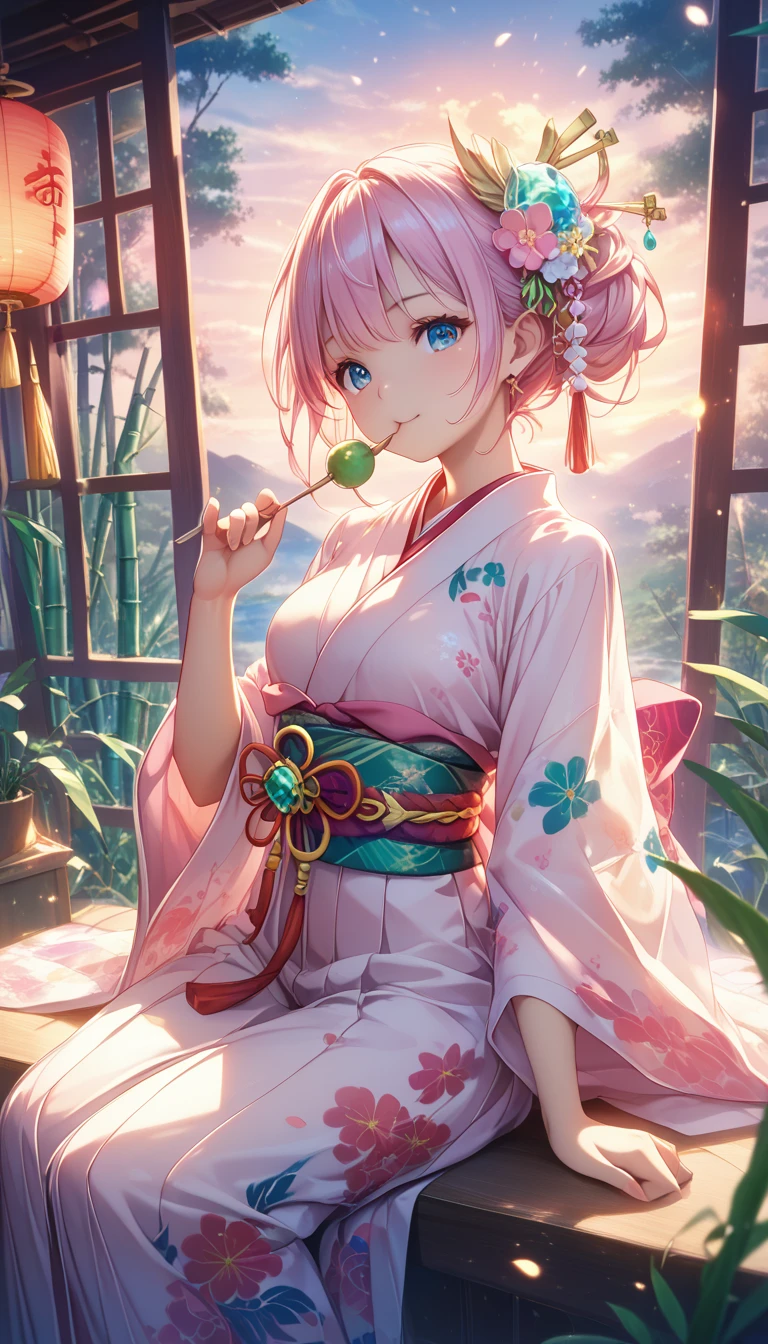 (super masterpiece、 top quality 、 high res、Ultra HD、Advanced Details、16k) 3D Animation,(New Year's style 、First sunrise of the year。A brightly colored kimono with a pattern of pine, bamboo, and plum, and hakama、(A cute woman 、 is sitting on a chair in front of a dango shop eating dango)、 straight angle、Not exposed 、( Delicate details )、 hair color pink 、( Ideal Anatomy )。 There is a white cat with a stylish collar beside it 。 Zoom Up , Dramatic Lighting ,