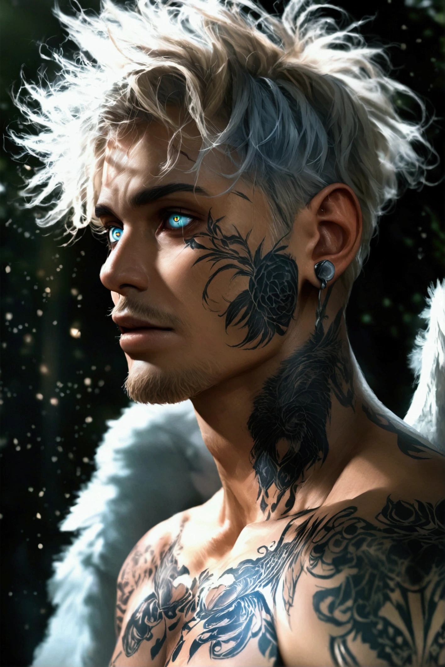 A close-up of Lucifer Morningstar, prince of hell, the fallen angel, reveals his detailed features and charismatic presence. His piercing eyes hold a mixture of wisdom, rebellion, and a hint of mischief. His chiseled features exude an aura of confidence and allure, befitting of the Devil. (detailed carved tattoo on body:1.4),The play of light and shadow highlights the intricacies of his face, showcasing the complexity of his character. dynamic pose, ample headroom, dynamic pose