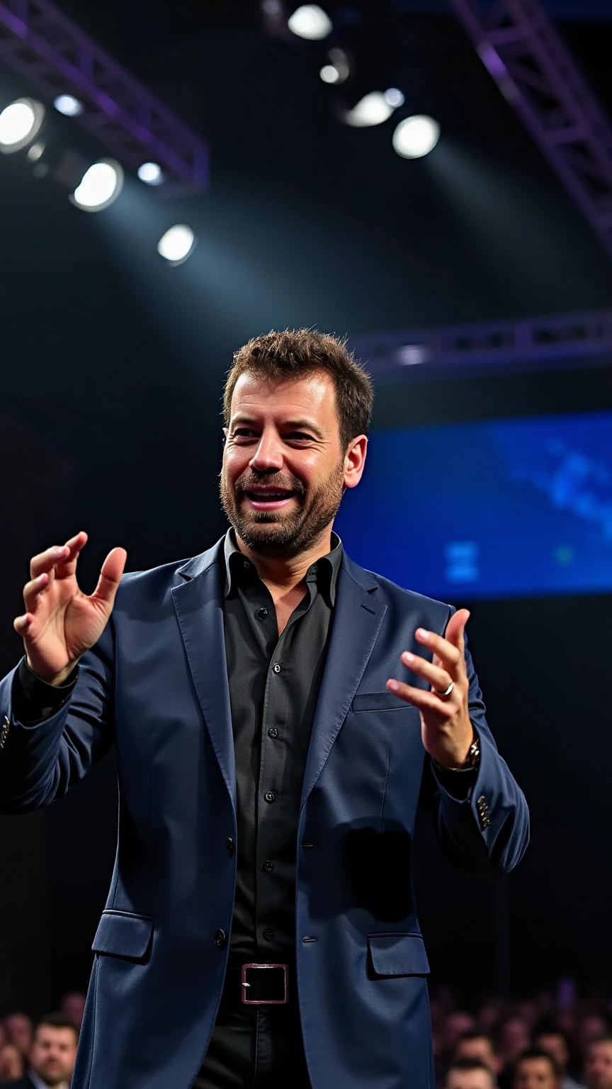 
“A hyper-realistic, cinematic scene of a handsome and elegantly dressed man giving a powerful conference on a stage. He is expressive with his hands, gesturing dynamically as he speaks. The lighting is spectacular, with dramatic shadows and spotlights that emphasize his features and movements, creating a captivating atmosphere. The background suggests a large, professional venue with a subtle audience blur, enhancing the focus on the speaker and his commanding presence.”