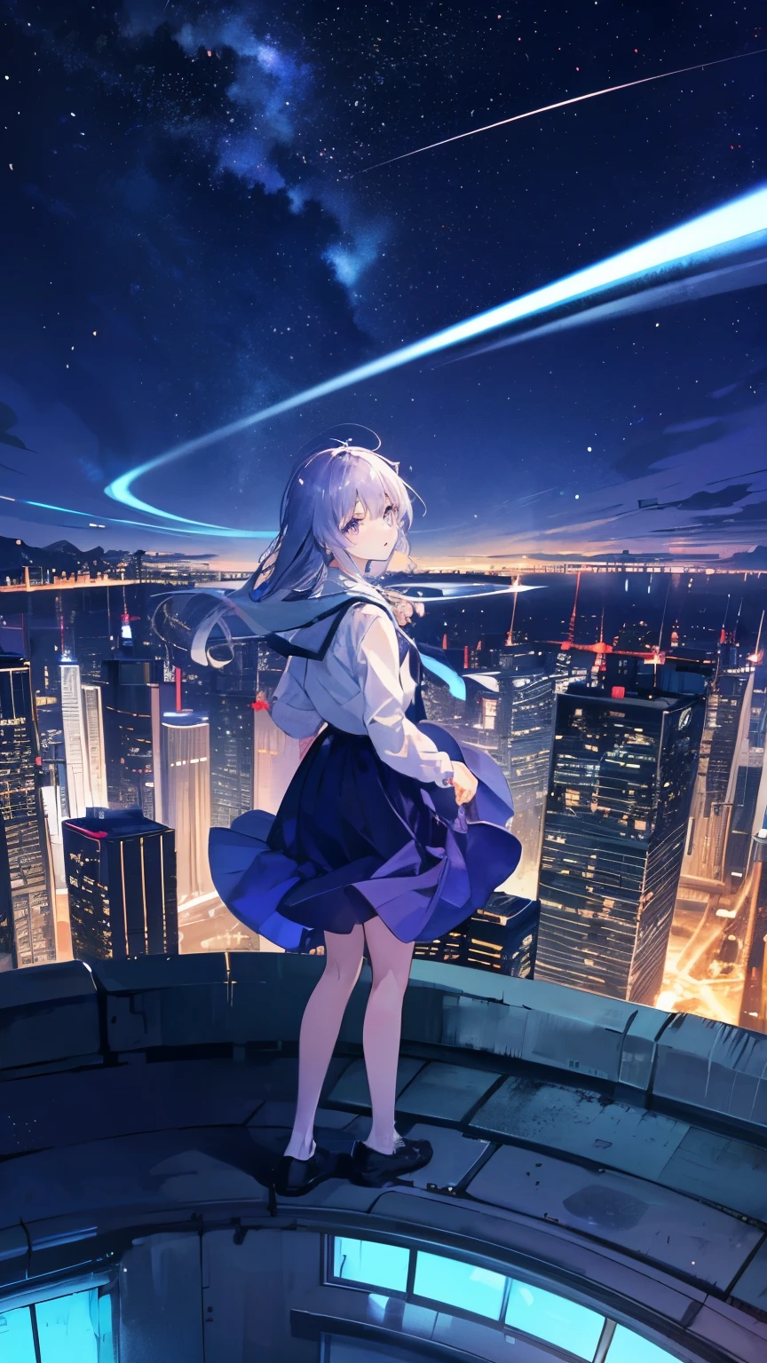  Night view of a vast city 。 countless buildings twinkling 、 The sky mixes with the starry sky 。Far and small 、 A girl stands on the roof of a building 、 Silhouettes staring at the sky 。 shines like a star pouring down 、 The wind envelops the entire city 。 The sky is a deep blue and purple gradation、 Fantastic light envelops the city 。 nostalgic and sad 、 memorable scenery 。