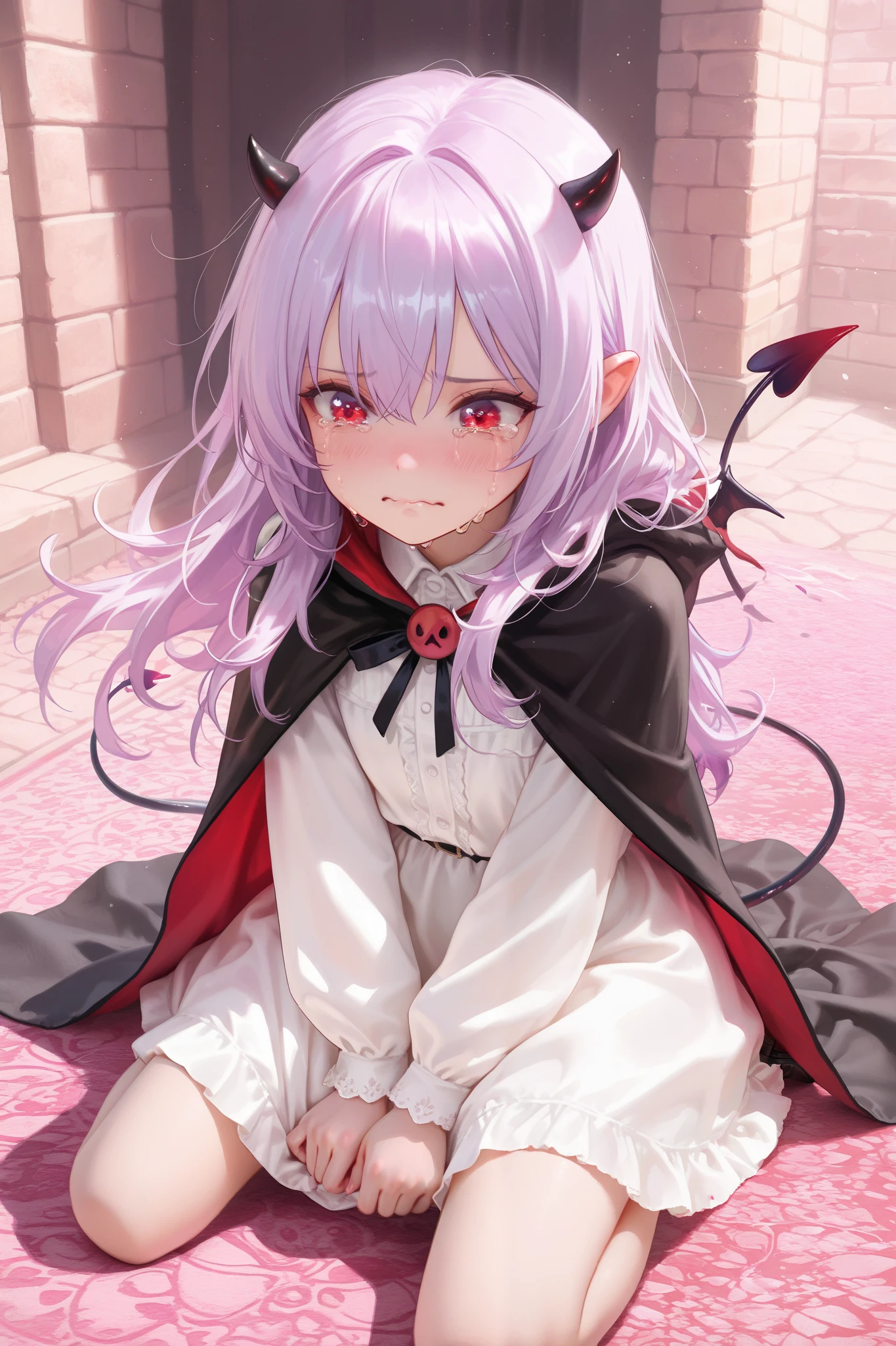 masterpiece, best quality, Detailed Eyes, girl, fantasy, long hair, purple hair, kawaii, tsundere, red eye, tiny black horns, clumsy, cutie face, semi realistic, 8k, black cape, small demon tail, white blouse, tear, crying, sad face, kneeling, solo charactor