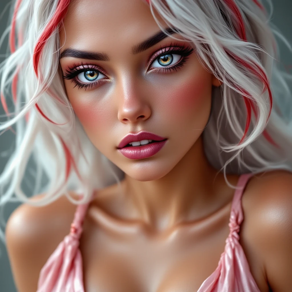 Beautiful woman, focusing on her eyes.  tanned, dark eyes,white With red highlights hair,, realistic, 4K, ultra detailed photography, sharp image,Full character. Silk dress with thin straps in beautiful pink. 