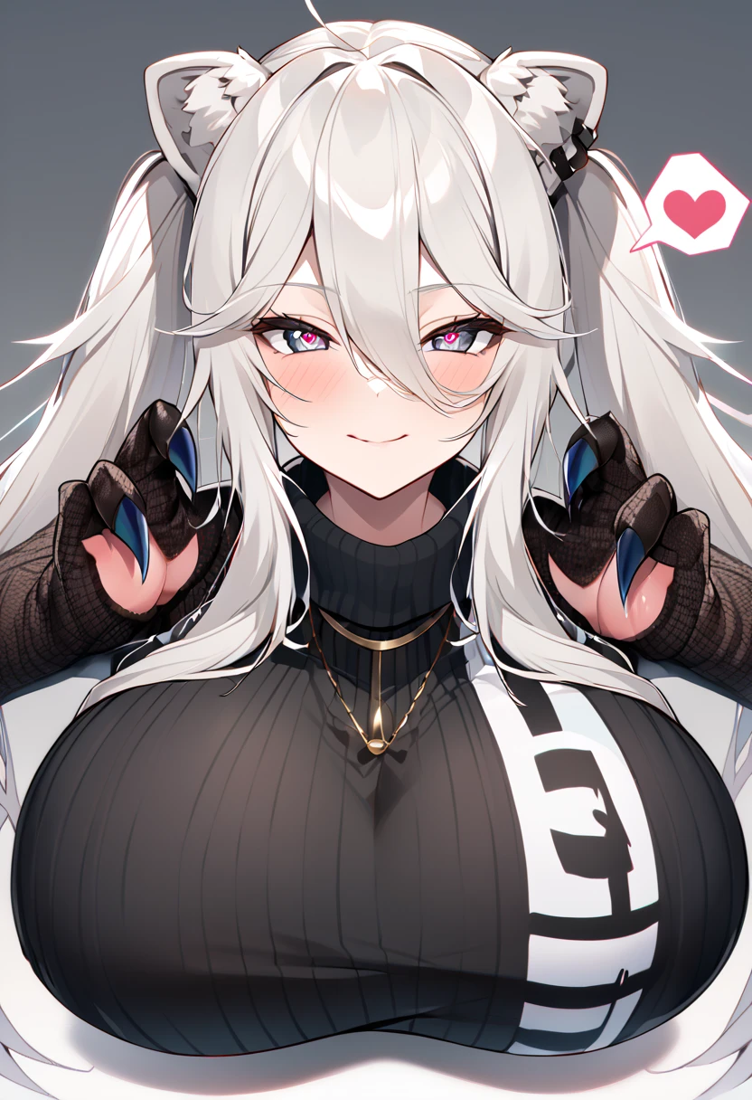 Shishirabotan、Black knitted clothes、Vertical sweater clothes、Black sweater、Huge breasts:1.5、sagging breast:1.5、1girl、portrait、spoken heart、face focus、straight hair、Twin tails、Slightly messy hair、White lion、claw pose、 heart in eyes,ハートアイ、キス、