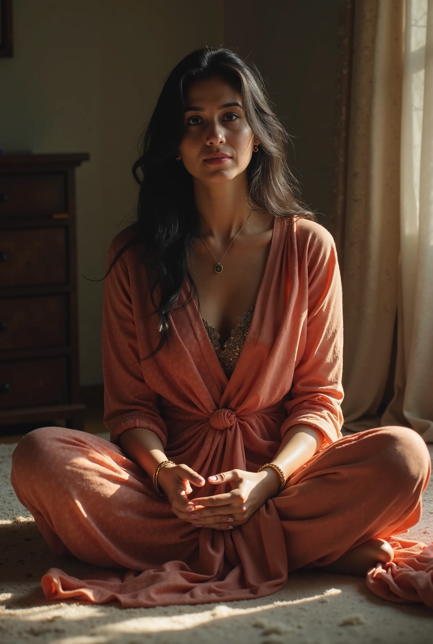 A buddhist monk with curly hair and big breasts sits with her legs stretched out, taking a realistic photo