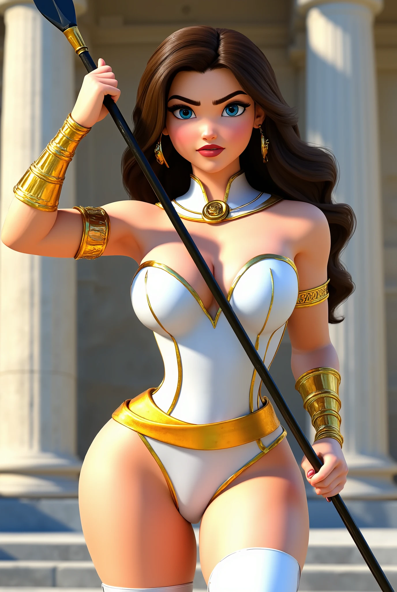 (best quality,4k,8k,highres,masterpiece:1.2),ultra-detailed,(realistic,photorealistic,photo-realistic:1.37),Sexy (best quality,highres),sexy ( Masterpiece, 4k resolution, ultra-realistic, very detailed) A beautiful sexy female Greek superhero who is a demigoddess , blue eyes and long dark brown hair. She wears a white and gold outfit , she has bracelets that are gold, and has long white boots with a golden outline . she holds a long spear , she also wears a golden stash around her waist. portrait photography by , in the style of realism, glistening skin, , natural lighting, Defined full lips. Muscular fitness feminine body (thera)