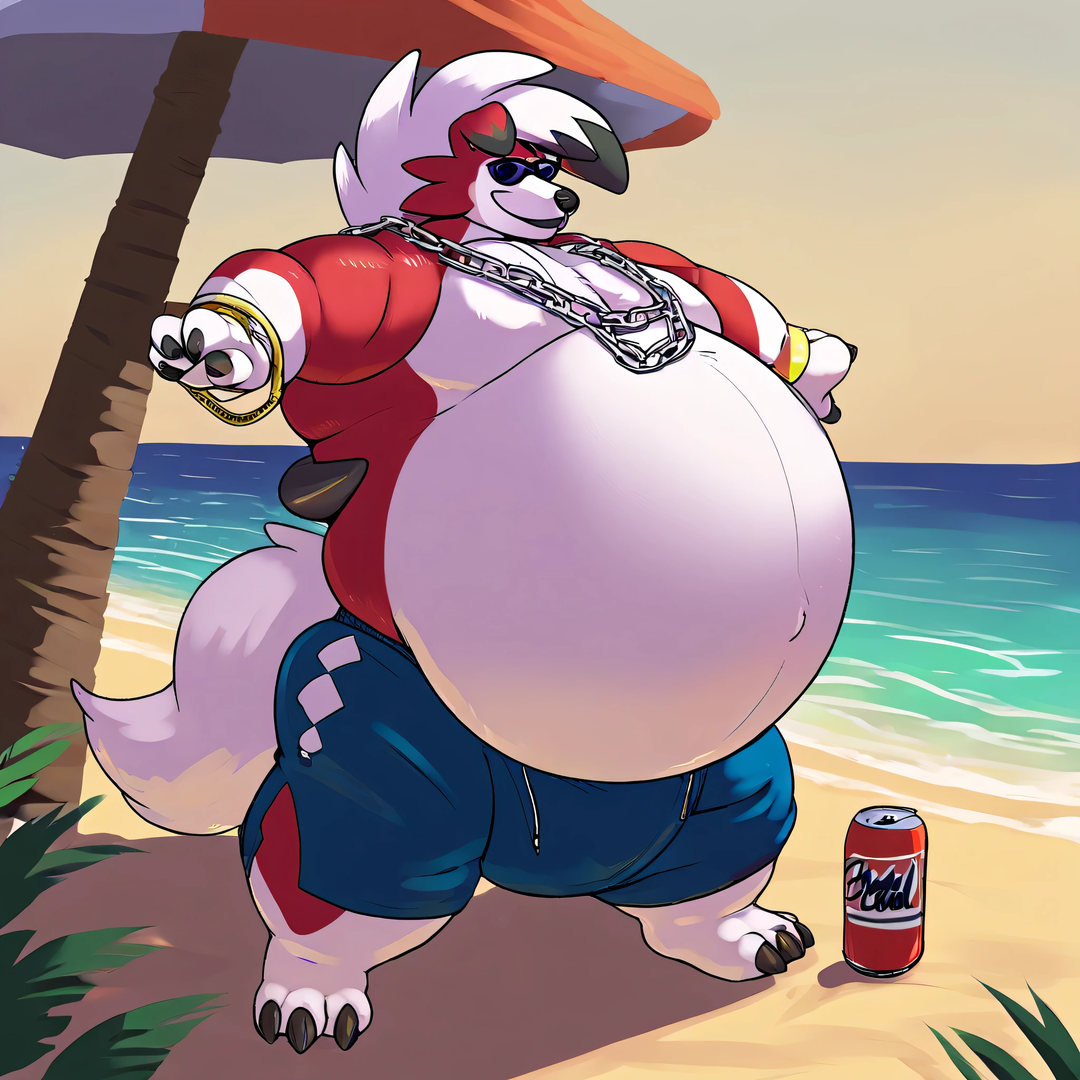 score_9_up, solo, male Lycanroc, anthro, male, pokemon, pokemon \(species\), generation 1 pokemon, sunglasses on head, chain necklace, bracelet, shirtless, swim shorts, smiling, holding soda can, beach, inflated arms, inflated legs, hyper inflation, masive belly inflation
