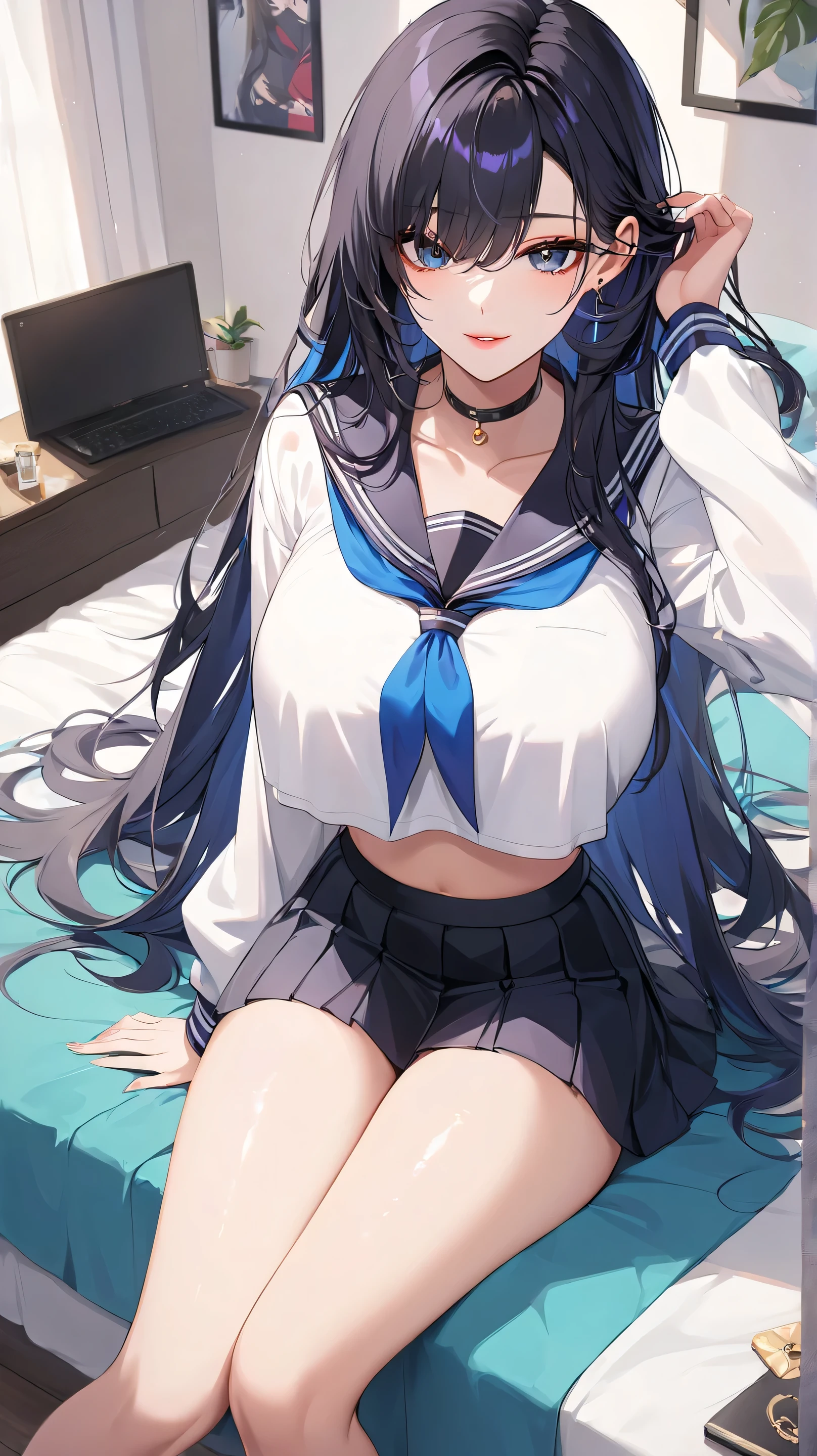 Beautiful illustration、top-quality、Cute little girl s、Bedroom、A blue-haired、length hair、(((blue pleated skirt)))、(((blue sailor suit)))、shortsleeves、Colossal tits、a navel、Flipping up the skirt with your hands、Show white panties、Pull up your skirt and show your panties、bare-legged、red eyess、on the beds、lovely thighs、glowing thigh、floating hair、wind、skirt lift by myself、naughty face、open stance