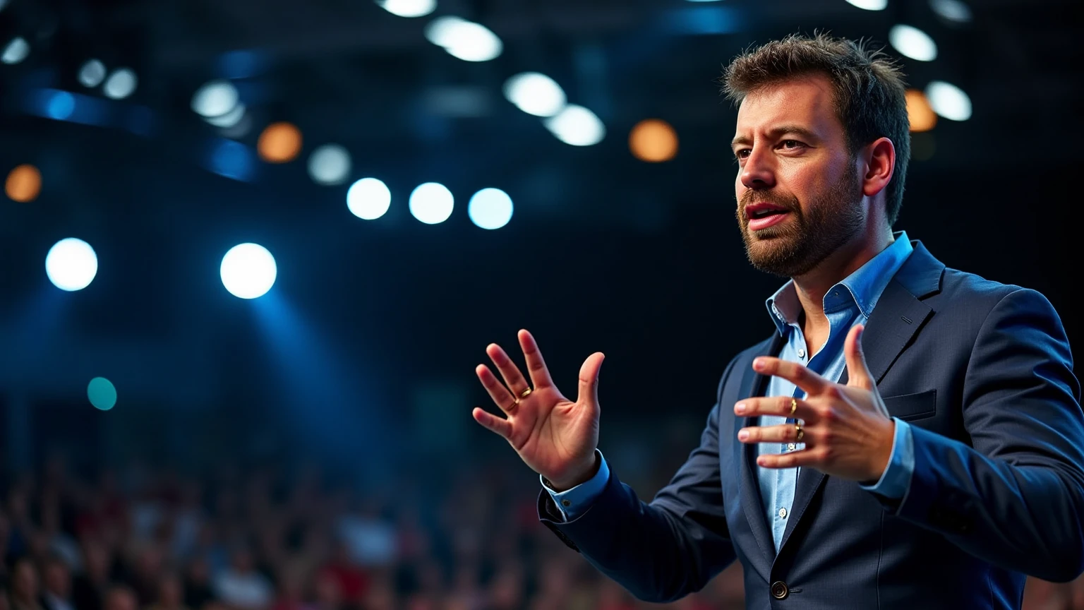 
“A hyper-realistic, cinematic scene of a handsome and elegantly dressed man giving a powerful conference on a stage. He is expressive with his hands, gesturing dynamically as he speaks. The lighting is spectacular, with dramatic shadows and spotlights that emphasize his features and movements, creating a captivating atmosphere. The background suggests a large, professional venue with a subtle audience blur, enhancing the focus on the speaker and his commanding presence.”