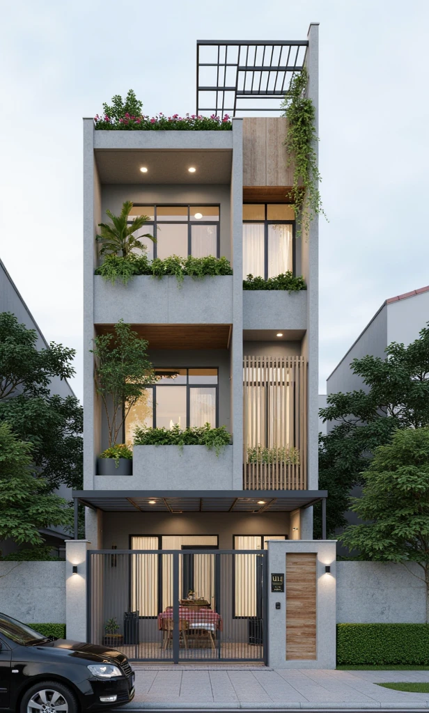 This image showcases a contemporary town-story house design, typical of urban Vietnamese architecture. The design prioritizes vertical space, integrates natural elements, and maintains a clean, modern aesthetic.
Structure and Form: The house is tall and narrow, maximizing the use of a limited footprint. The facade is primarily a light gray or concrete finish, providing a neutral backdrop. Clean lines and rectangular shapes define the structure.
Greenery: Integrated plants and greenery are a key feature. Planter boxes on each balcony and cascading vines create a vertical garden effect, softening the building's hard lines and bringing nature into the urban environment. The top floor features a more substantial planter box with a variety of plants, including some flowering species. A light-colored wood privacy screen on the top floor adds warmth and complements the greenery.
Entrance and Gate: The ground floor features a combined entrance and garage space. The gate is a mix of dark gray metal and warm-toned wood, adding visual interest and a touch of elegance. A low hedge provides privacy and defines the boundary of the property.

Windows and Balconies: Large windows and glass doors on each floor maximize natural light and ventilation. The windows likely have dark frames, creating a contrast with the lighter facade. The balconies have simple metal railings.

Rooftop Structure: A metal and glass awning or pergola covers the rooftop terrace, providing shade and a designated outdoor space.

Surroundings and Context: The house is situated in an urban environment, with trees and other buildings visible in the background. A black car parked on the street adds to the sense of scale and suggests an urban setting.

Overall Impression: The house design is modern, functional, and environmentally conscious. The integration of greenery softens the urban setting and creates a visually appealing facade. The mix of materials, including concrete, wood, and metal