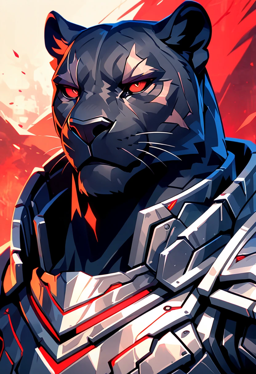 handsome anthropomorphic black panther with a black pelt wearing black cyber knight armor, red eyes, arrogant, cocky, superiority complex, war general, scar over right eye, black cyber armor with red lighting, detailed furry art, light novel art, anime style, masculine, villainous, villain, evil, cool, intimidating, cyber knight 