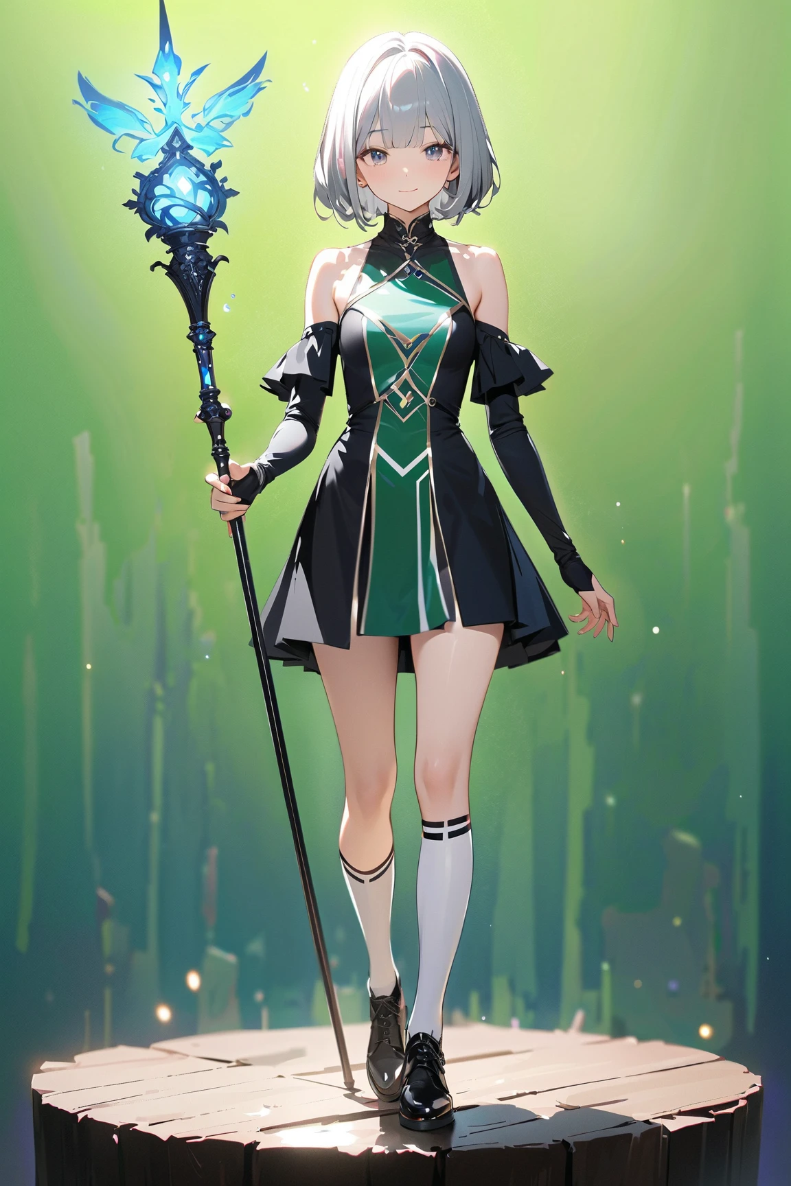 (green background:1.3), No wind, character sprite, (wide shot::0.7), Break, 
1 girl, (cute face), Neat, cool Look, light smile, 18 years old, , 160 cm tall,, (porcelain skin), Standing, full body, Silvery medium hair,  medium Bob, gray eyes, small breasts, slender, slim, Blue Healing Magician Outfit, short length skirt, white over-kneehighs, holding a Magical long staff with blue crystal, Break, 
(green background:1.3), No wind, high fantasy, game cg, absurdres,  highres, ultra detailed, beautiful, (masterpiece), (best quality:1.2),