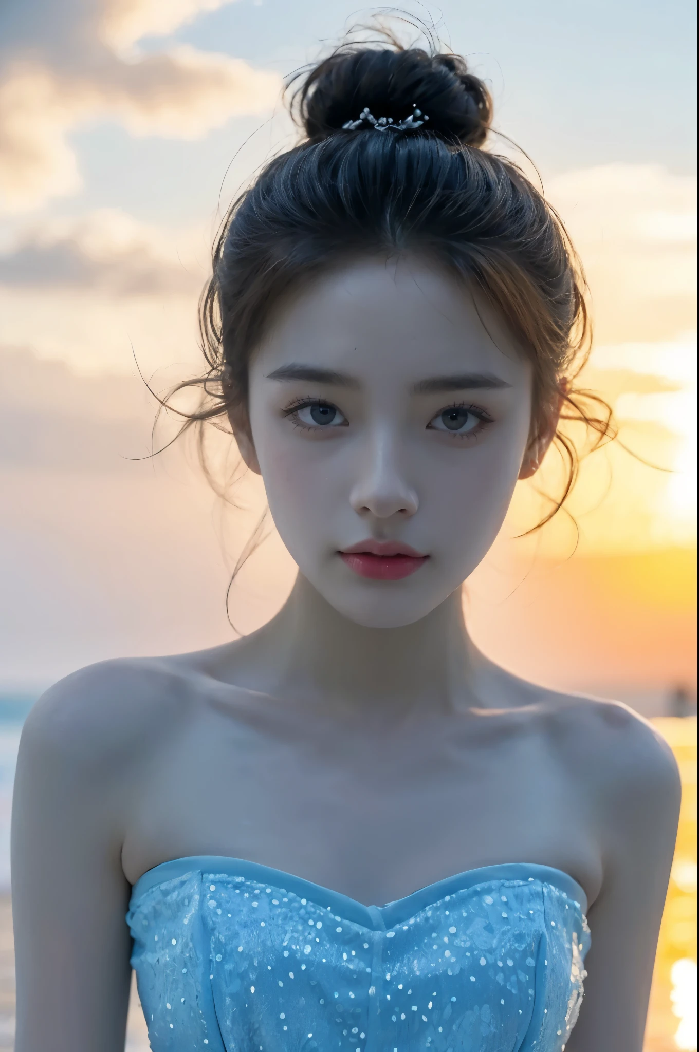 (22 year old Japanese beautiful girl,), (Small breasts:1.5,),(solo,Textured skin, Detailed skin,Detailed face,Detailed eyes,detailed posing,Natural eyebrows,Sparkling Eyes,High detail, Highest quality, Super detailed, Surrealism, ,8k,RAW Photos,Photographicism,Professional Lighting,Ray Tracing,Aperture F1.2,Portrait Photography,Natural Light),(((Black Hair, Natural Makeup,Simple earrings,Bun Hair, coastal,Magic Hour,sunset))),(((White cross halter bikini)))
