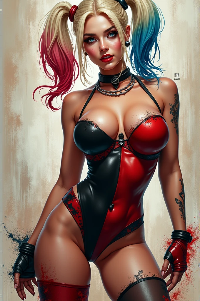 "Harley Quinn, a bold and captivating character with a mischievous smile and vibrant personality. Exuding an air of rebelliousness and playfulness, she is portrayed in an ultra-detailed CG illustration with masterful craftsmanship and impeccable quality. Her trademark multicolored hair, blond hair, adds a dynamic and eye-catching element. Dressed in her distinctive outfit, consisting of a red and black harlequin costume, accessorized with mismatched gloves and a playful jester neckpiece. The scene is set against a backdrop of chaos and mayhem, with graffiti-covered walls and flickering neon lights. The contoured lighting effects accentuate her features, casting dramatic shadows and highlighting her iconic makeup. This masterpiece artwork encapsulates the essence and allure of Harley Quinn, blond hair making it an exquisite and captivating imagery."
