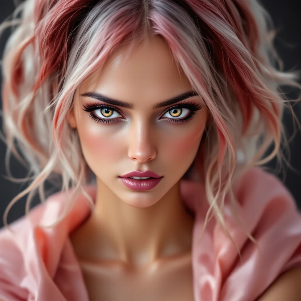 Beautiful woman, focusing on her eyes.  tanned, dark eyes,white With red highlights hair,, realistic, 4K, ultra detailed photography, sharp image,Full character. Silk dress with thin straps in beautiful pink. 