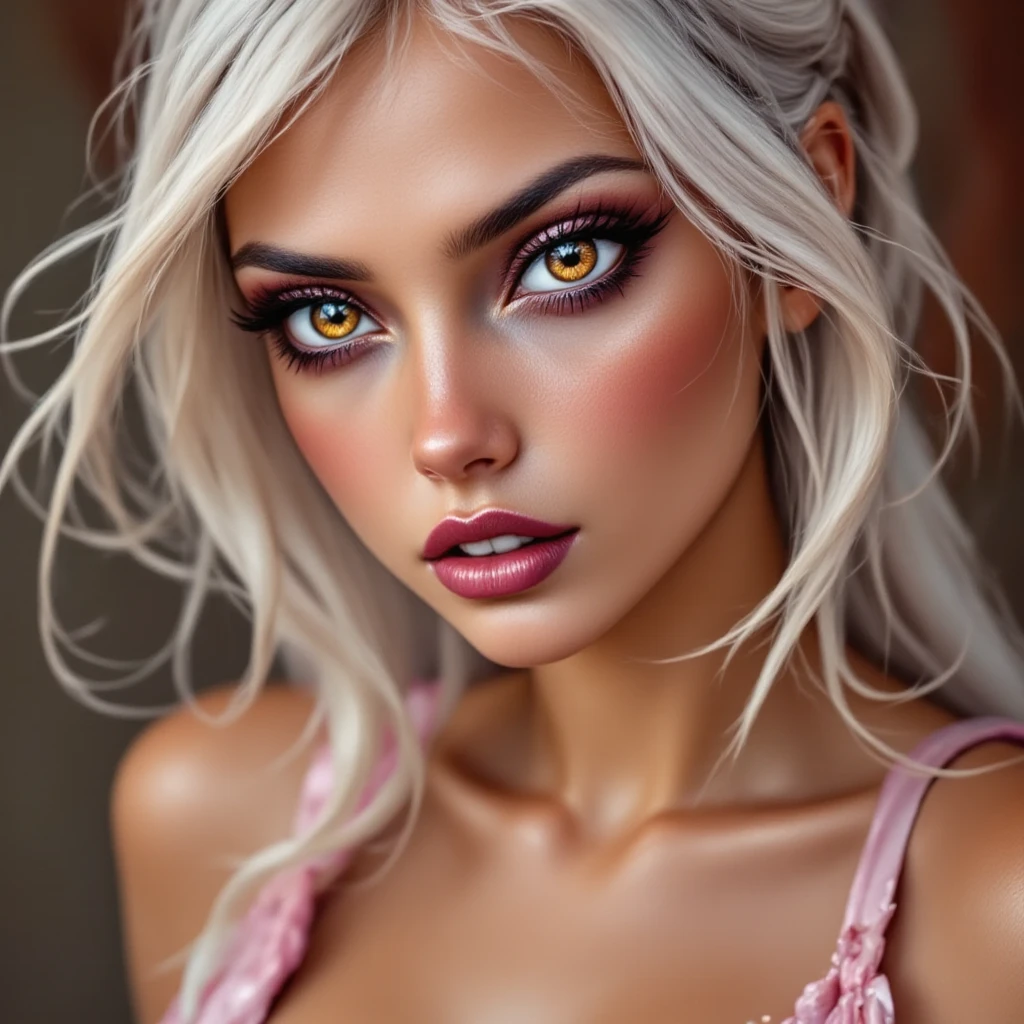 Beautiful woman, focusing on her eyes.  tanned, dark eyes,white With red highlights hair,, realistic, 4K, ultra detailed photography, sharp image,Full character. Silk dress with thin straps in beautiful pink. 