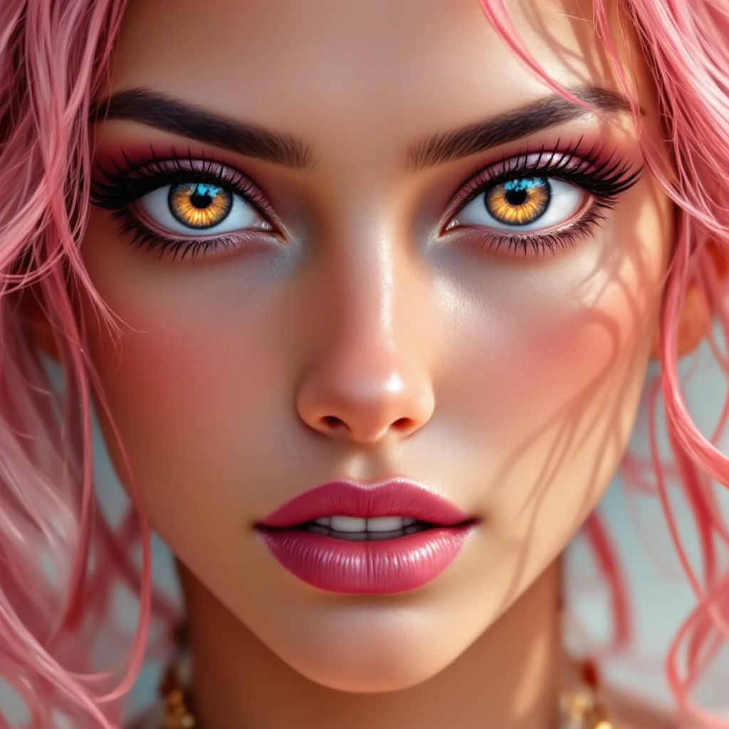 Beautiful woman, focusing on her eyes.  tanned, dark eyes,white With red highlights hair,, realistic, 4K, ultra detailed photography, sharp image,Full character. Silk dress with thin straps in beautiful pink. 