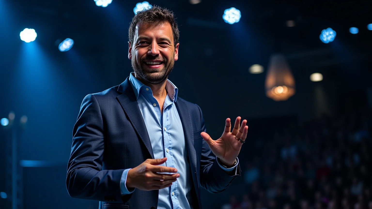 
“A hyper-realistic, cinematic scene of a handsome and elegantly dressed man giving a powerful conference on a stage. He is expressive with his hands, gesturing dynamically as he speaks. The lighting is spectacular, with dramatic shadows and spotlights that emphasize his features and movements, creating a captivating atmosphere. The background suggests a large, professional venue with a subtle audience blur, enhancing the focus on the speaker and his commanding presence.”