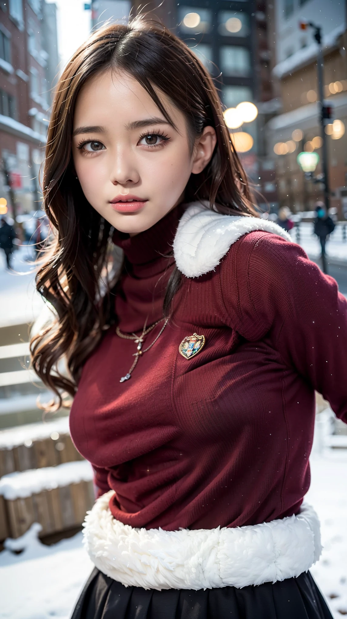masterpiece, super high definition, 4K, Best Quality, 1 person, ((whole body)), beautiful and elaborate face, beautiful skin with fine texture, skin texture, high school student, Sparkle in your eyes, Dynamic pose, Curly Hair, Gal Makeup, long hair, skirt, Snowy cityscape, muffler , Red mesh hair , illumination, black jacket , turtleneck