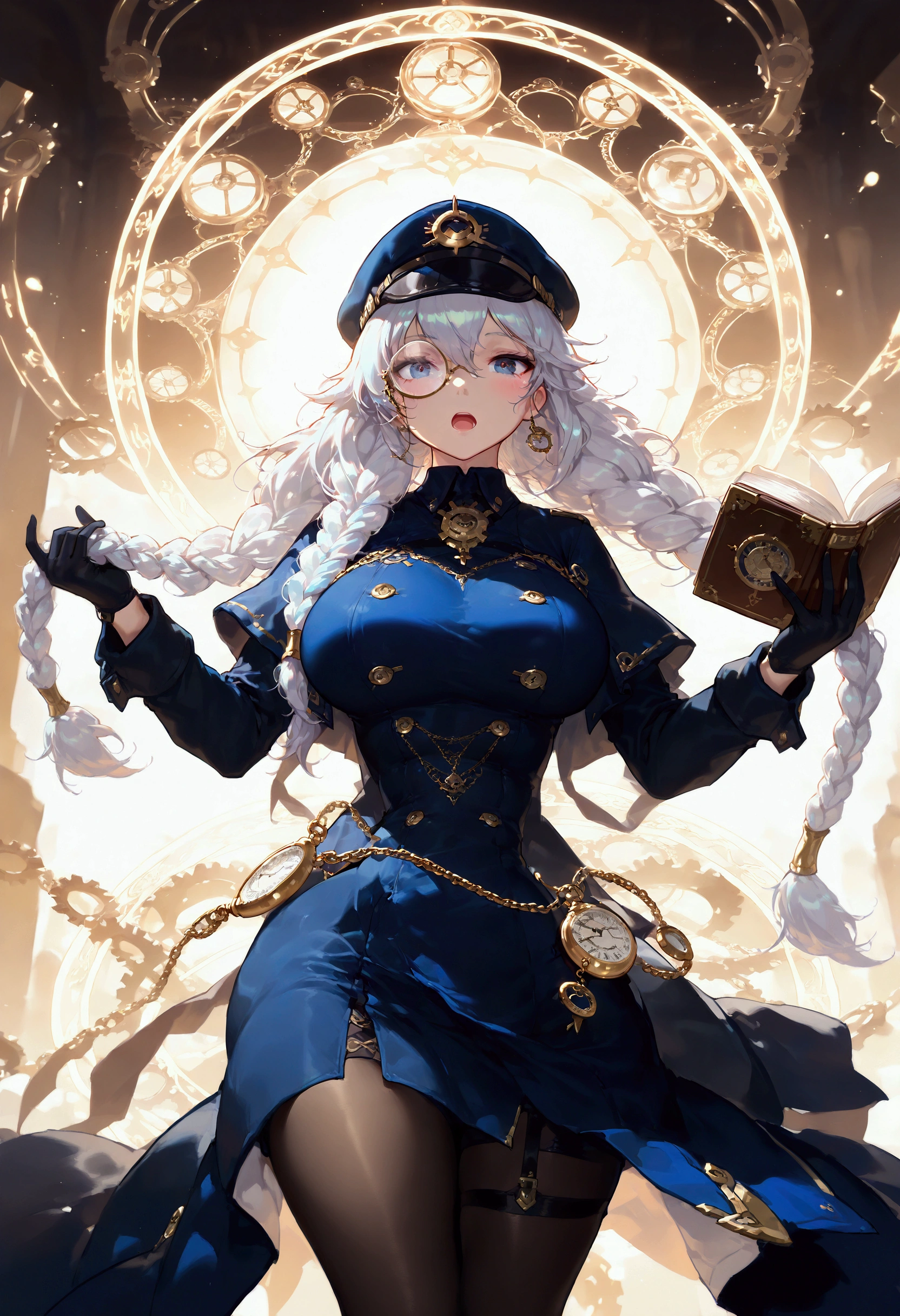 Goddess in charge of time and space, Monocle, half open mouth, time, time and space, mechanical gears, distorted world, magic book, magic circle, tremendously long silver hair, shaggy hair, braiding, large breasts, pocket watch, standing, Waiting for the magic book and chanting, (best quality,4k,8k,highres,masterpiece:1.2),ultra-detailed,intricate details, high fashion, dramatic lighting, cool colors, chiaroscuro