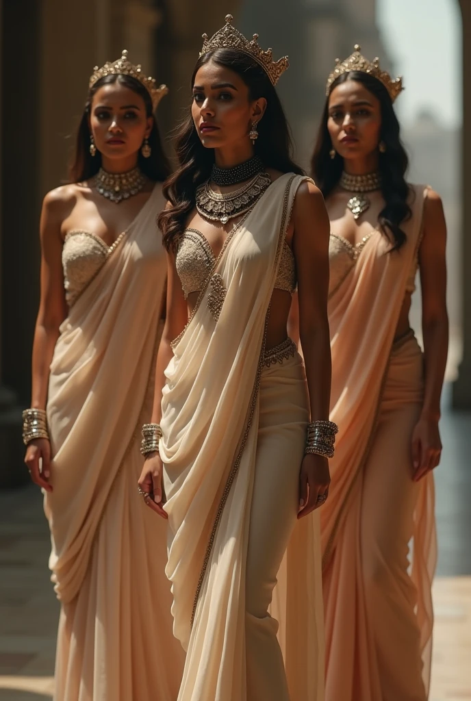 beautiful woman, Ancient Greece, with a large breasts, busty, dressed in a gold dress, looks proud of himself, arrogant, looks off into the distance to the side, standing,