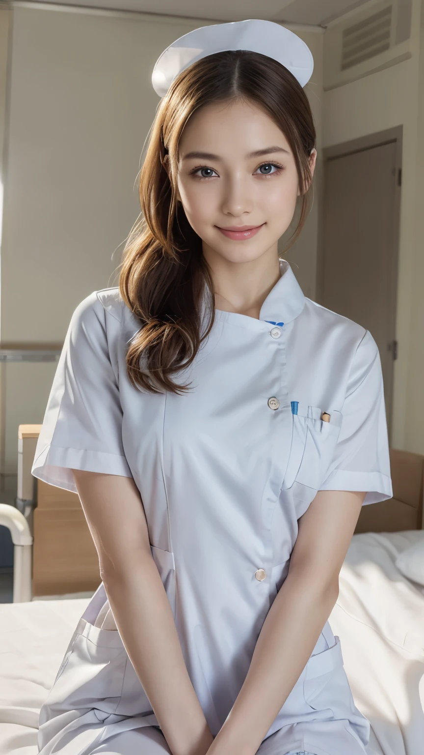 1 girl, (Wearing white nurse clothes:1.2), (RAW Photos, highest quality), (Realistic, photo-Realistic:1.4), masterpiece:1.5, Very delicate and beautiful, Very detailed, 8k wallpaper, wonderful, finely, Very detailed CG unity 8k wallpaper, Very detailed, High resolution, Soft Light, Beautiful detailed girl, Very detailed eyes and face, Beautiful and detailed nose, finely beautiful eyes, Perfect Anatomy, Upstyle, nurse uniform, ((nurse cap)), White costume, thin, hospital, clear, White Uniform, hospital room, Neck auscultation, ((Upper Body)), smile