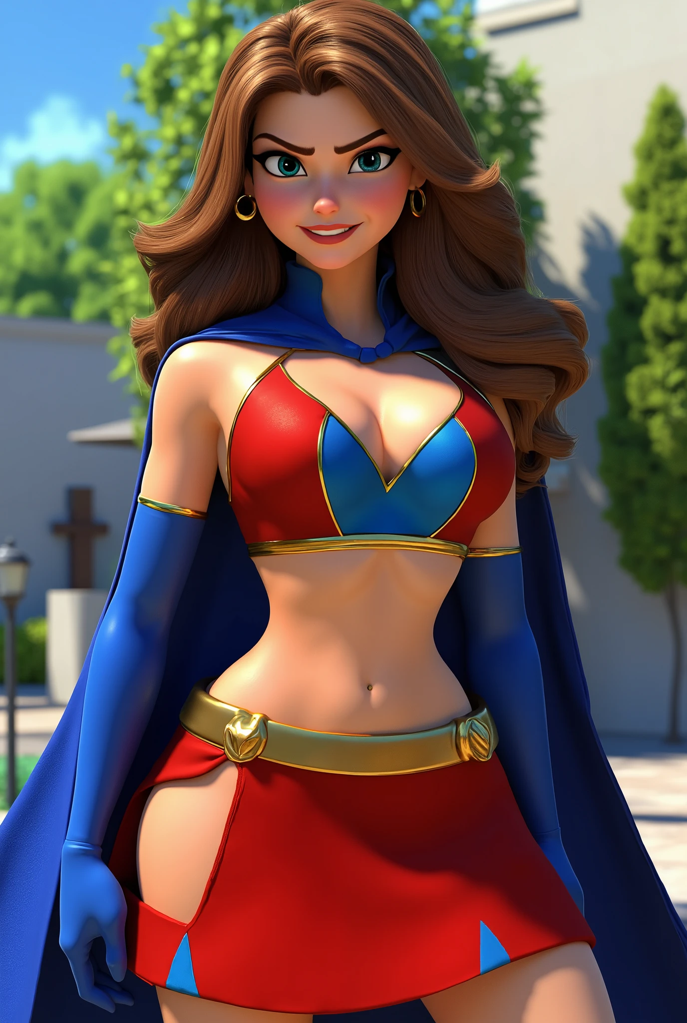 beautiful female superhero. light brown hair blue/green eyes wears a sleeveless blue and red midriff top with an opening on the front , wears a blue cape. wears long blue gloves, A red skirt with a golden belt . wears long red knee boots with a blue outline on the top. arrogant a smug look on her face portrait photography by artgerm, in the style of realism, glistening skin, cartooncore, mangacore, natural lighting, Defined full lips.