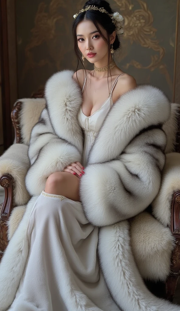 Beautiful chinese woman, wearin a red bluef0x fur coat, sit on the fur couch, wearing fur tiara, leg wraped with bluef0x fur blanket, goddess