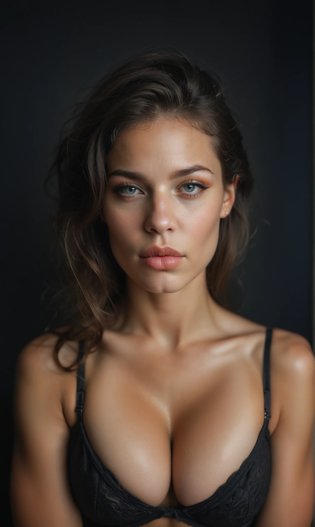 score_9, score_8_up, score_7_up, score_6_up, photo, realism, photorealistic, professional portrait, brazilian fashion model, big lips, huge lips, makeup, tanned, black bra, cleavage, looking at viewer, black background, spotlight, rim light, depth of field, bokeh