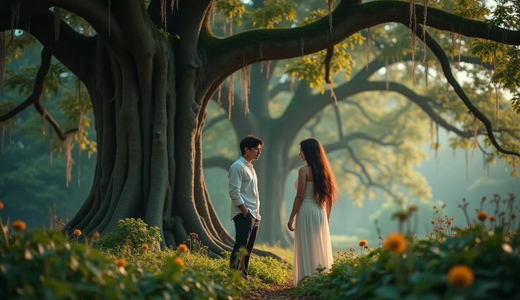 A close-up, cinematic view of a mystical scene in a dense, twilight forest featuring a massive banyan tree with sprawling roots and hanging vines. Underneath the tree, a beautiful woman with long, flowing hair dressed entirely in white stands gracefully, her serene and mysterious smile directed toward a young man standing nearby. The man, wearing casual modern attire, looks cautiously curious as he gazes back at her. The camera angle focuses on both of them, capturing the intricate details of the woman's flowing hair, delicate expression, and the soft interplay of light and shadows on their faces. The atmosphere is enchanted, with warm, ethereal light filtering through the dense trees, casting a faint golden glow on the scene, and subtle mist enveloping the background.