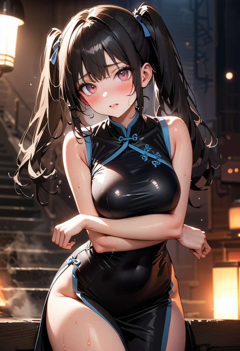 absurdres, masterpiece, best quality, ultra high res,photon mapping,best shadow, portrait, beauty detail, ultra high detail, yangst1, double bun, twintails, leaf hair ornament, black dress, arm warmers, city,downtown, short dress, looking at viewer, solo, professional light, detailed skin,