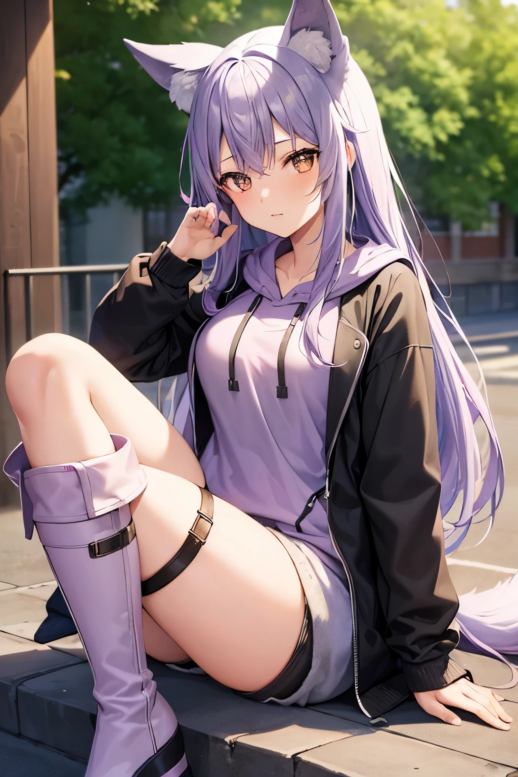 1girl, , long hair, low twintails, fuzzy twintails, light purple hair, cat ears, animal ear fluff, purple cat eyes, park, cherry blossoms, autumn, flower, morning, portrait, cat tail, sit pose, short jacket, boots, cute smile, coffee