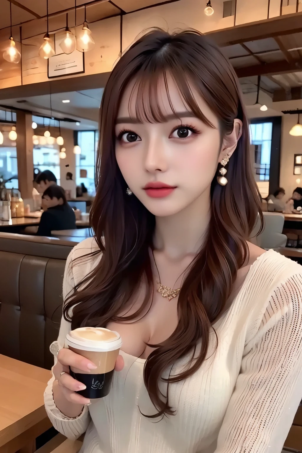 (masterpiece, best quality:1.2), beautiful Asian woman, sitting in a cozy cafe, holding a cup of coffee, wearing a casual sweater, warm lighting, natural expression, photorealistic