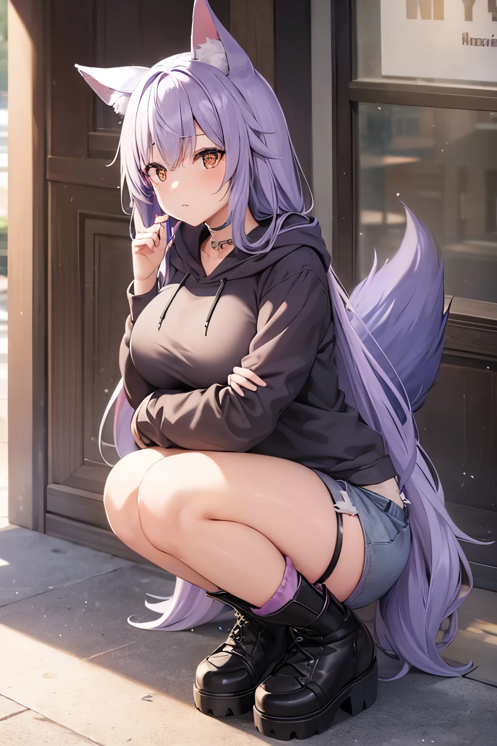 Hololive、Cat porridge、Cat girl、Full Color、Leather jacket、Tank top、Short skirt、girl、Ahegao、smile、The hair color is always light purple、Sweaty skin、In public、public、Big Tits、Pussy juice、field、Fingering masturbation、Squirting、Climax