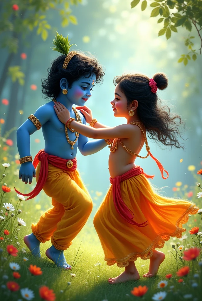 Create ai images of lord radha and krishna playing in garden as kids.
I need atleast 4 images