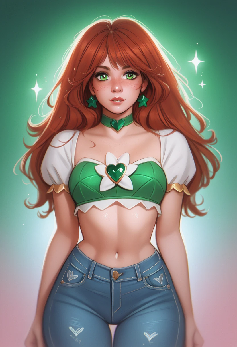 score_9, score_8_up, score_7_up, score_6_up,1girl, magical girl , p4l0m4, web comic,curvaceous young woman with long, wavy auburn hair and sharp, striking features. Her emerald-green eyes sparkle with mischief, and her confident posture reflects her bold personality,wears fitted jeans, crop top that highlight her figure. Her casual yet stylish outfits are always paired with accessories that reflect her adventurous personalit