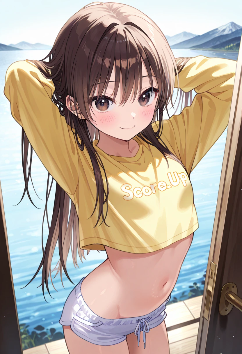  best quality images 、Extremely small bust 、 very young girl 、 slender body、 dark brown hair 、Brown Naked、 long straight hair 、 dark eyes、 is standing、 YELLOW SHIRT、 hotpants、 stomach are exposed、Cute single tusk、whole body、 big eyes、 slender body、Slender legs、Mountain trail、smile、blush、 Light Shines In 