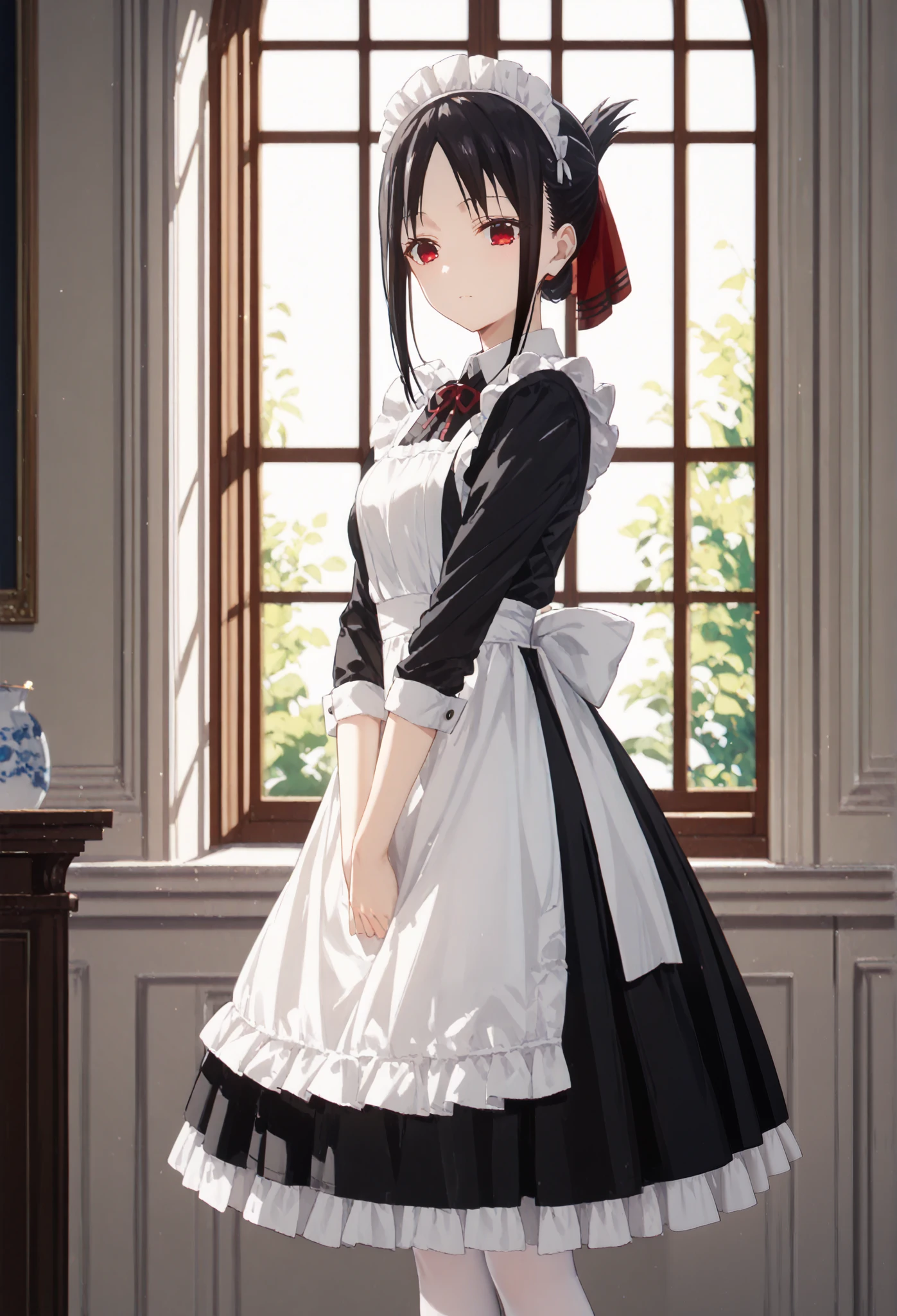 dressed in maid outfit 1girl, shinomiya kaguya, red eyes, maid,black hair, , ribbon, maid headdress,kaguya shinomiya, short hair, bangs, black hair, red eyes, hair ribbon, sidelocks, folded ponytail, parted bangs,standing,full-body shot,white pantyhose,black heels,black skirt,white apron,window,marble