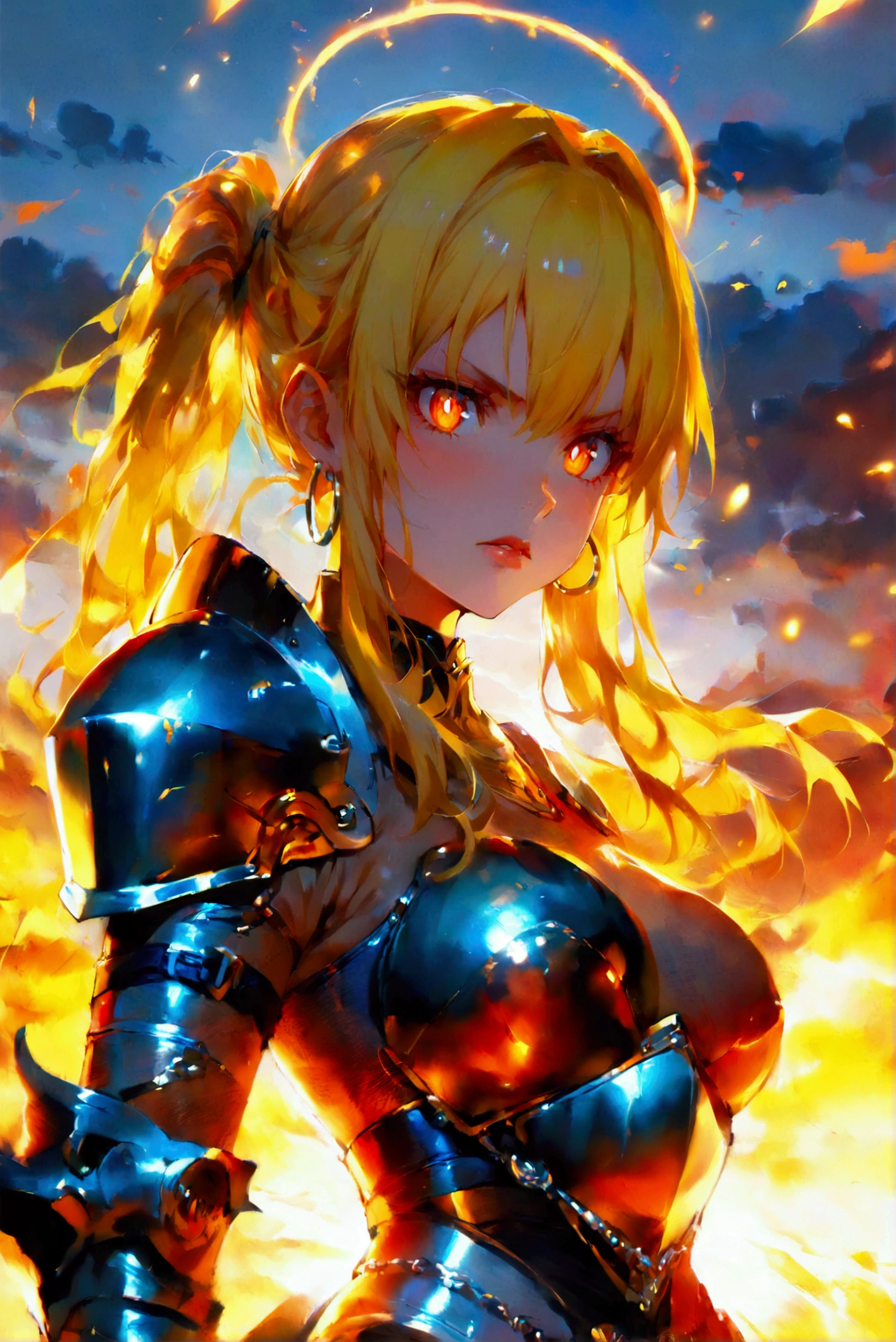 1girl, Solo, High Resolution, Long Hair, Yellow Hair, Orange Eyes, Parted Lips, Body Armor, From Below, Halo, Shield, Fire Energy Effect, Orange Energy, Greatsword, From Below, Backlighting, Sunset, Best Quality, Bangs, Ribbon, Hair Between Eyes, Jewelry, Streaked Hair, Earrings, Hoop Earrings, Bright Pupils, Serious,Speed Lines, Anime Style, Anime