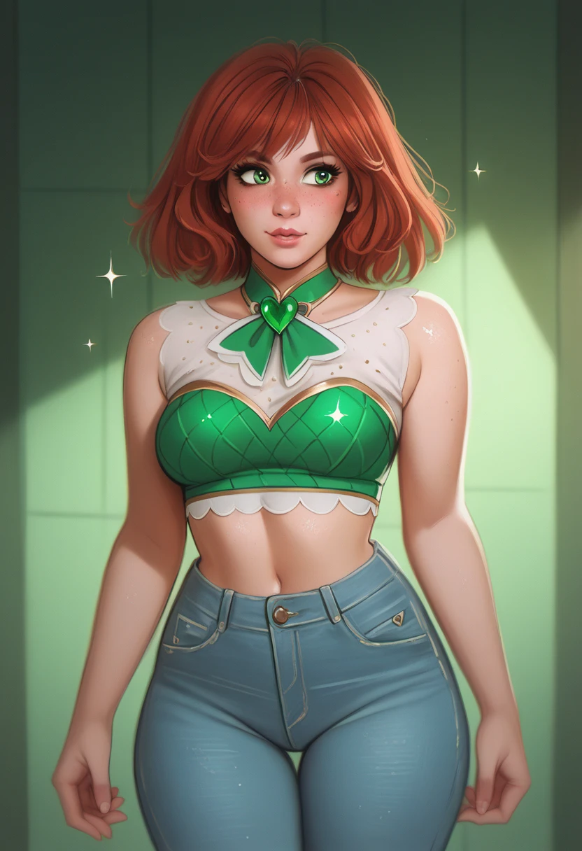 score_9, score_8_up, score_7_up, score_6_up,1girl, magical girl , p4l0m4, web comic,curvaceous young woman with long, wavy auburn hair and sharp, striking features. Her emerald-green eyes sparkle with mischief, and her confident posture reflects her bold personality,wears fitted jeans, crop top that highlight her figure. Her casual yet stylish outfits are always paired with accessories that reflect her adventurous personalit, indoor room background, standing